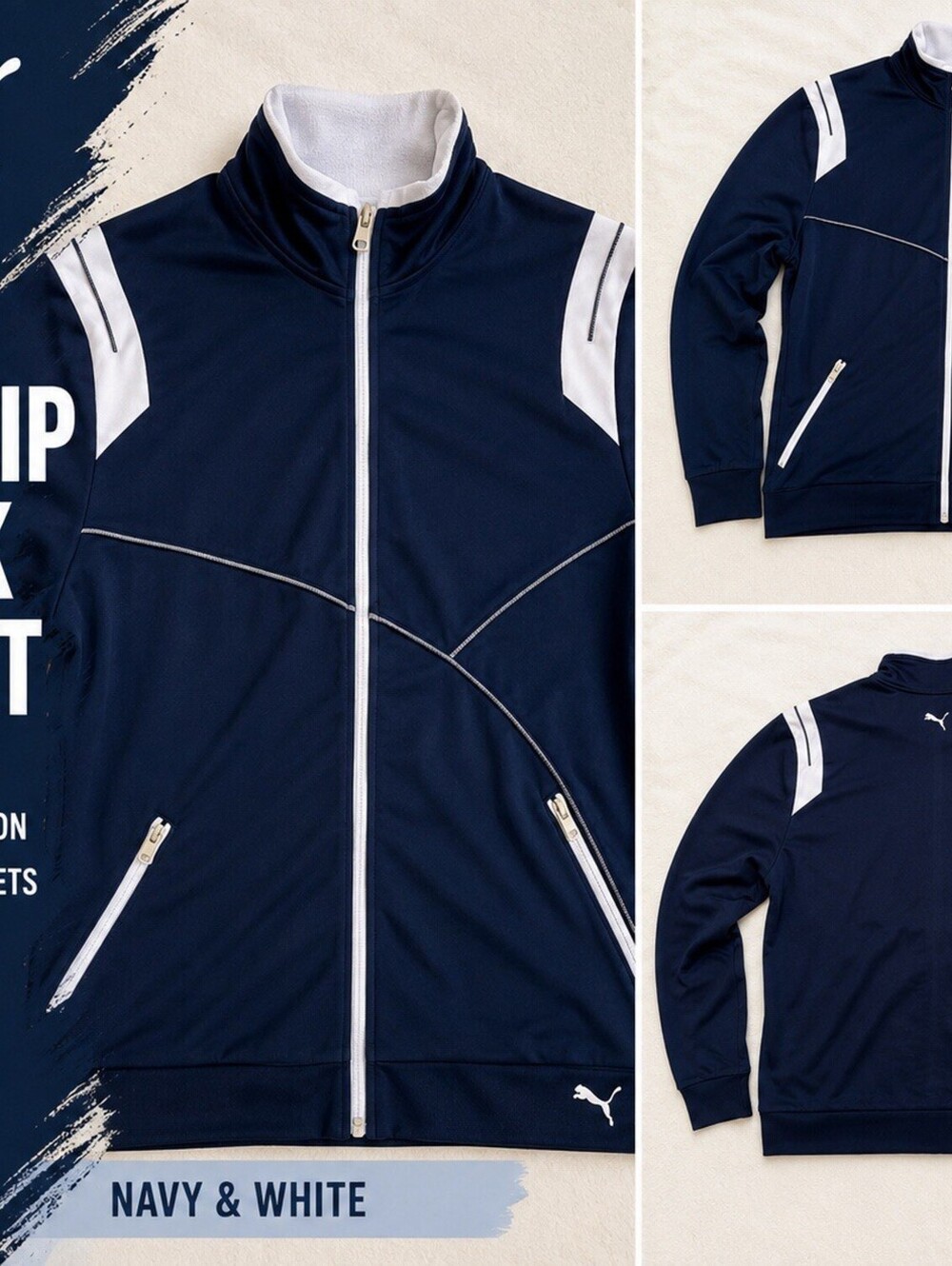 PUMA Women's XL Navy/White Colorblock Full Zip Track Jacket w/ Pockets